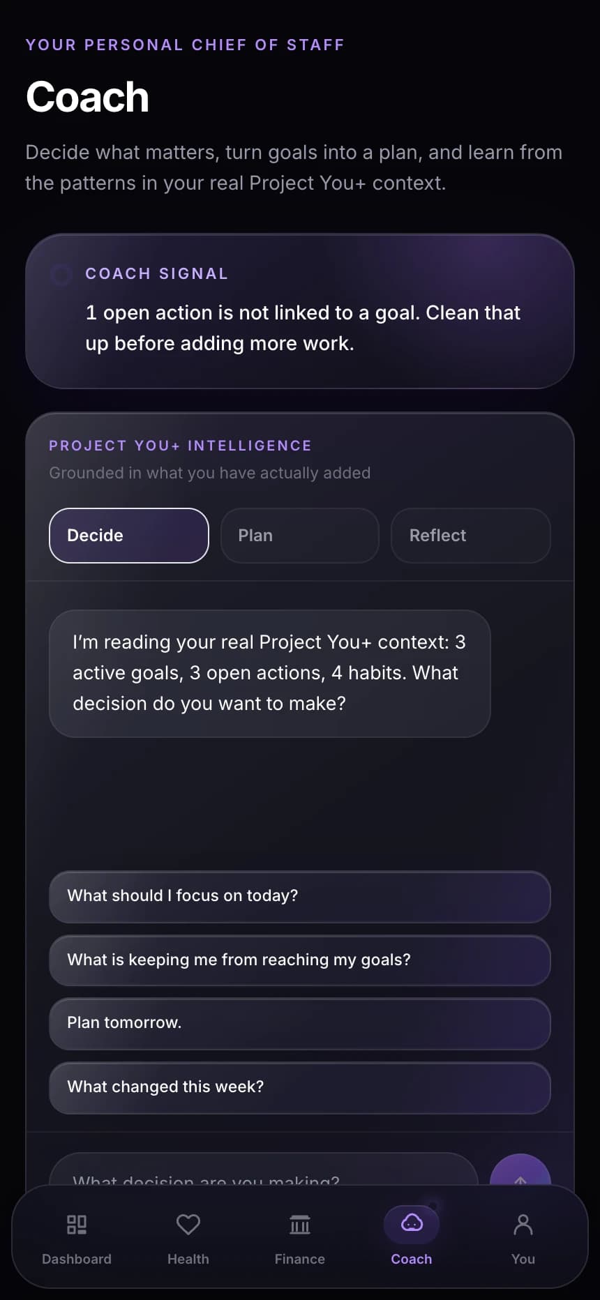 Project You+ Coach: actual YOU+ application interface using the existing Michael demo persona; illustrative values, not member results.
