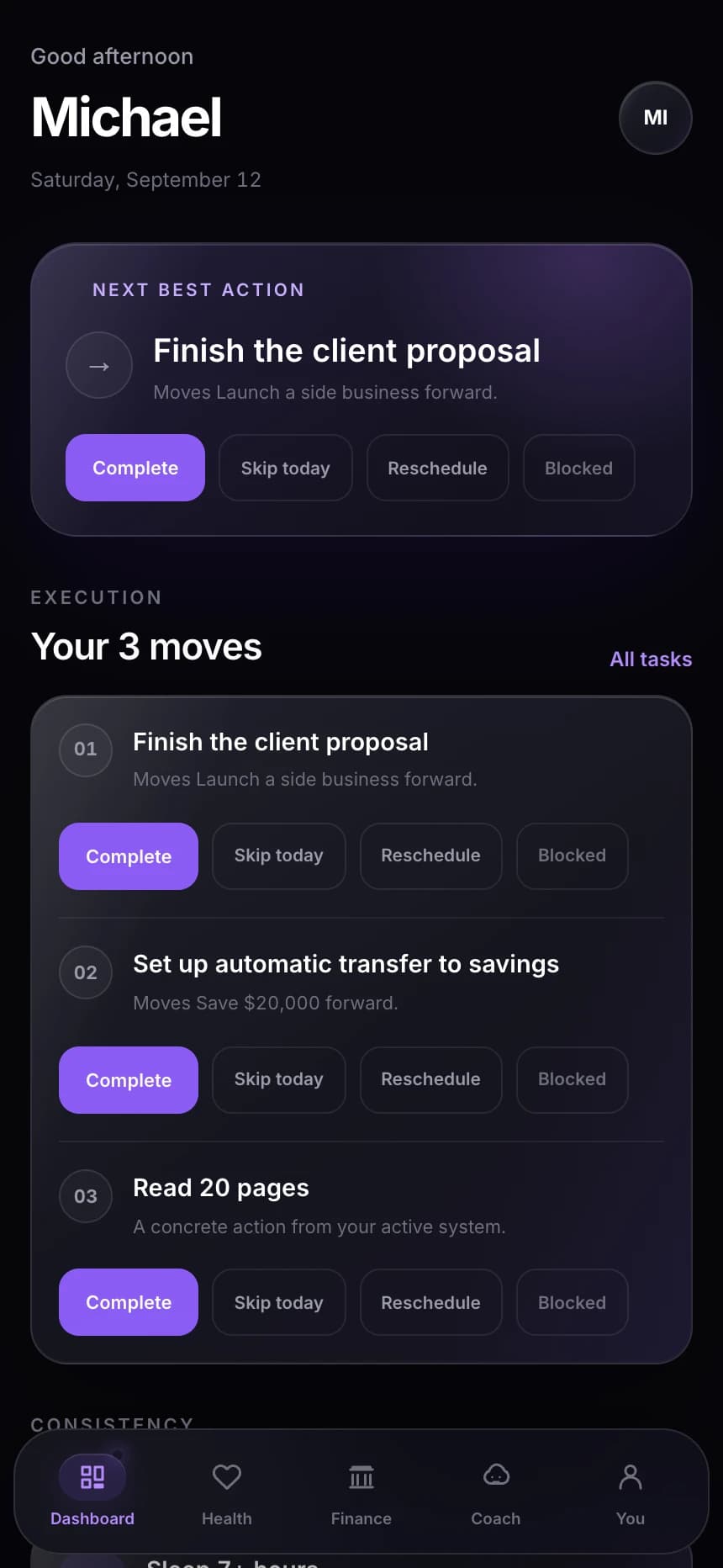 Today: actual YOU+ application interface using the existing Michael demo persona; illustrative values, not member results.